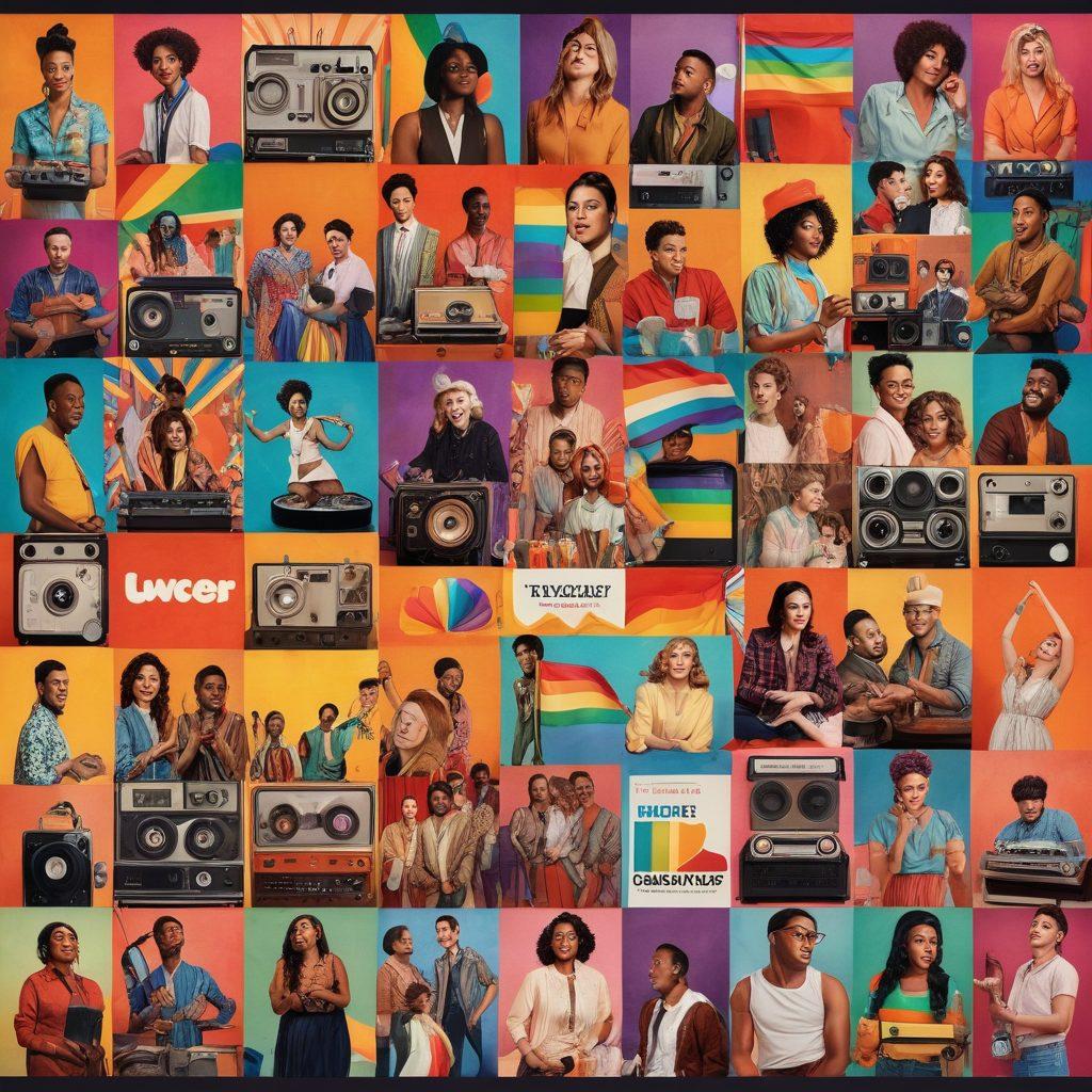 A vibrant collage showcasing a diverse group of LGBTQ characters and icons from different eras of media and entertainment, with vintage film reels, modern streaming devices, and pride flags intertwined. The background should include elements like stages, screens, and artistic textures symbolizing creativity and expression. The characters should radiate joy and inclusivity, reflecting the evolution of queer representation. bold colors, dynamic composition, artistic style.