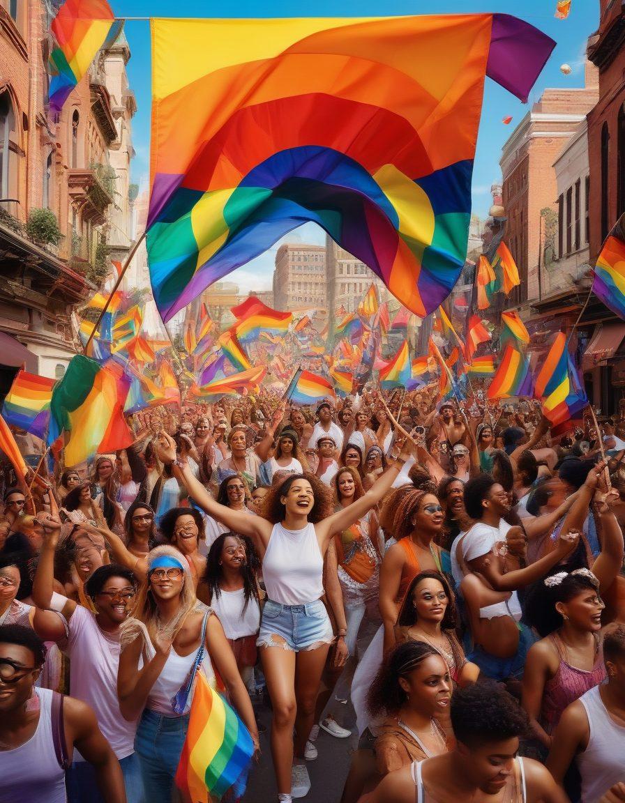 A vibrant collage showcasing diverse LGBTQ individuals expressing their identities through art, fashion, and music. The background features colorful pride flags and symbolically significant landmarks. Incorporate elements of community gatherings, like parades and festivals, to represent celebration and unity. Use warm, inviting colors to evoke a sense of belonging and joy. super-realistic. vibrant colors. 3D.