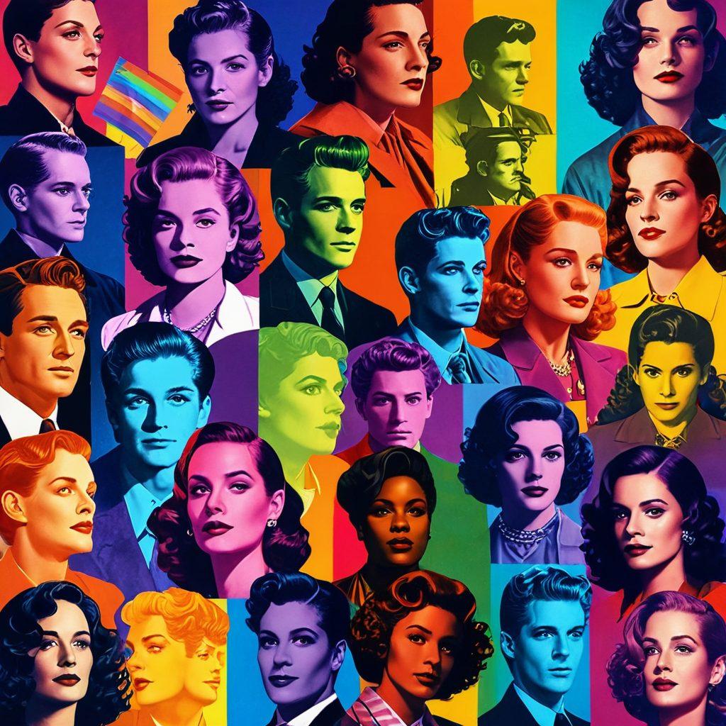 A vibrant collage depicting various iconic queer characters from different eras of film, blending from shadowy silhouettes to bright, colorful representations in spotlights. Include a vintage film reel, rainbow colors, and the evolution of film styles in the background. The atmosphere should convey a sense of journey and celebration. 3D effect. vibrant colors.